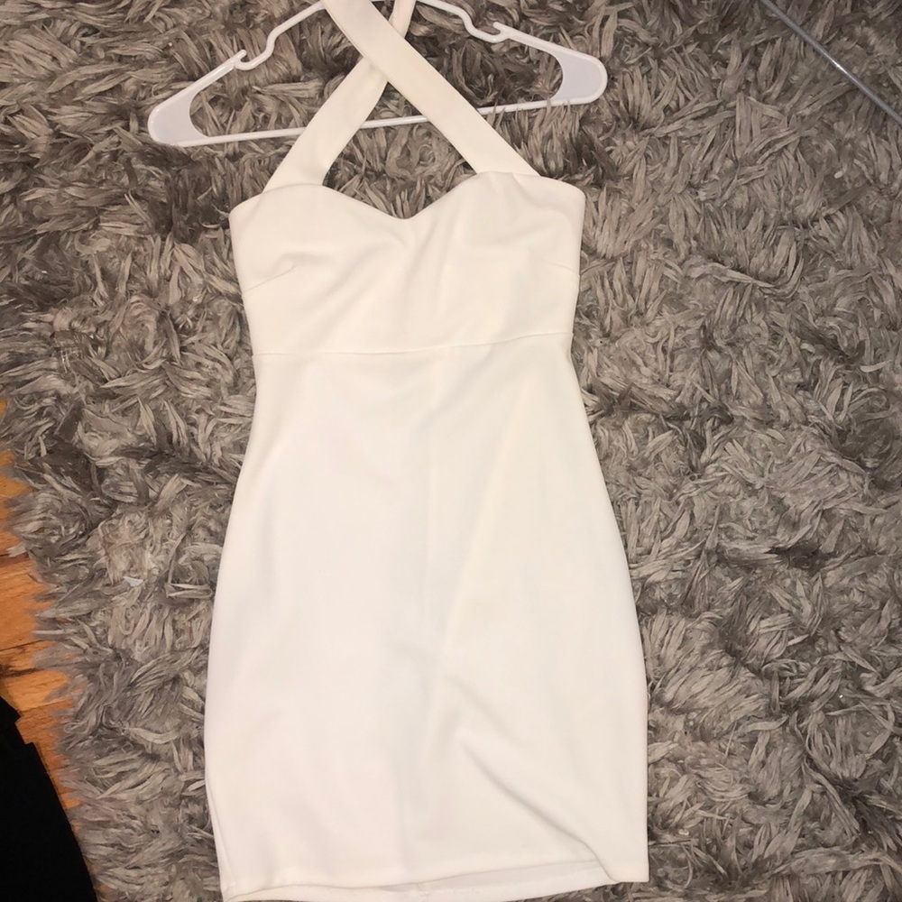 White cocktail dress that crosses at the top